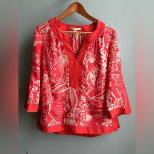 Banana Republic Coral and White Printed Split-Neck 100% Silk Blouse, Size S